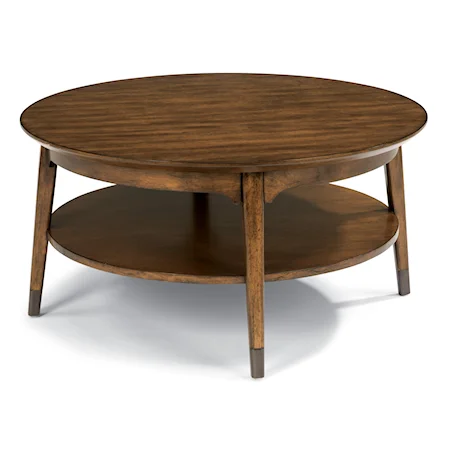 Mid Century Round Cocktail Table with Aged Metal Leg Caps